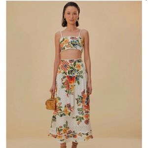 Worn Once! Farm Rio OFF-WHITE DELICATE GARDEN MIDI SKIRT AND TOP